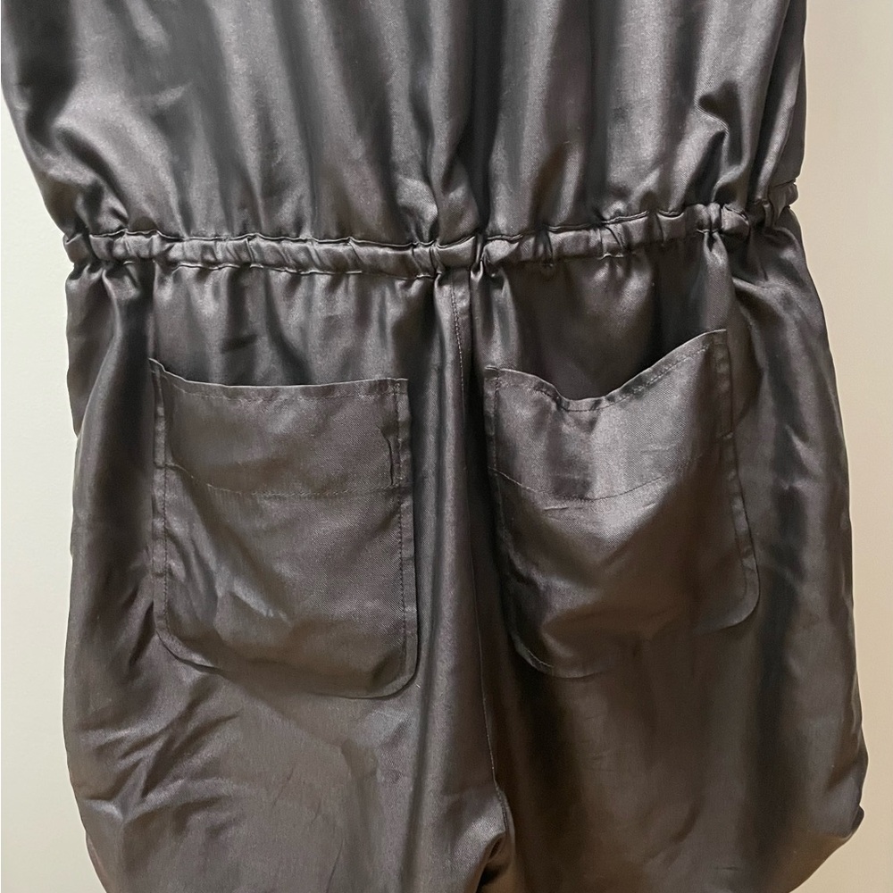 Button Down Drawstring Dull Satin Romper - image 3